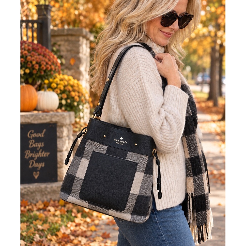 Kate Spade Marti Lg Bucket Bag Buffalo Plaid Leather Black Cream K9435 Classic